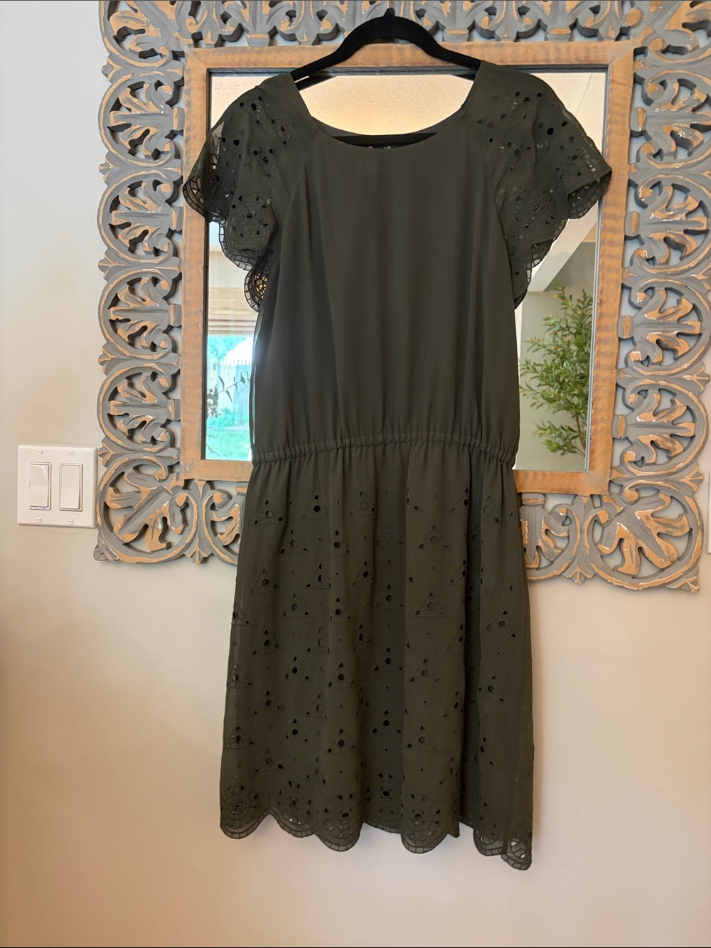Women’s Olive Eyelet Flutter Sleeve Dress